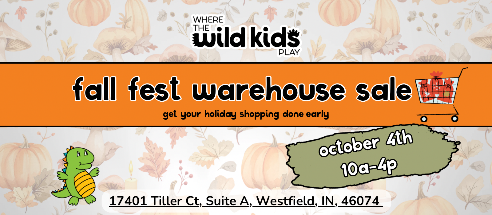Promotional banner for a fall fest warehouse sale with pumpkins and a dinosaur illustration.
